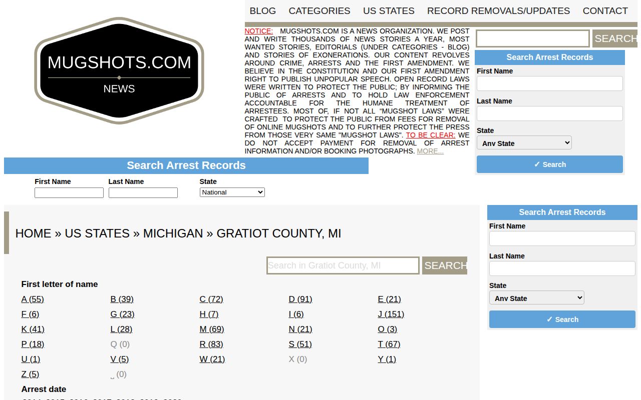 Mugshots.com Gratiot County historical records section